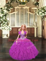 Affordable Fuchsia Lace Up Straps Beading and Ruffles Quinceanera Gowns Tulle Sleeveless