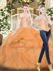 Latest Orange Red Off The Shoulder Lace Up Beading and Ruffles Quinceanera Dress Sleeveless