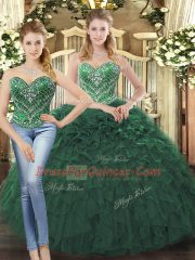 Delicate Sweetheart Sleeveless Ball Gown Prom Dress Floor Length Beading and Ruffles Dark Green Tulle