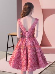 Rust Red Sleeveless Knee Length Belt Lace Up Prom Gown