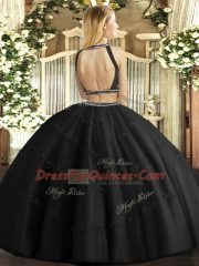 Black Sweet 16 Dress Military Ball and Sweet 16 and Quinceanera with Beading Halter Top Sleeveless Backless