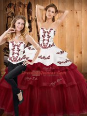 Delicate With Train Lace Up Quinceanera Gown Burgundy for Military Ball and Sweet 16 and Quinceanera with Embroidery and Ruffled Layers Sweep Train