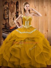 Exceptional Gold Sleeveless Floor Length Embroidery and Ruffles Lace Up Sweet 16 Quinceanera Dress