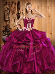 Fuchsia Ball Gowns Organza Sweetheart Sleeveless Embroidery and Ruffles Floor Length Lace Up Sweet 16 Quinceanera Dress