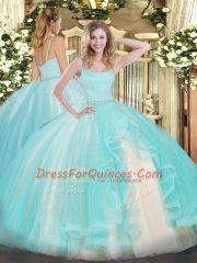 Straps Sleeveless Quinceanera Dresses Floor Length Beading Aqua Blue Tulle