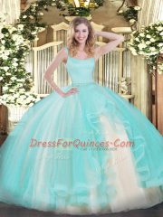 Straps Sleeveless Quinceanera Dresses Floor Length Beading Aqua Blue Tulle