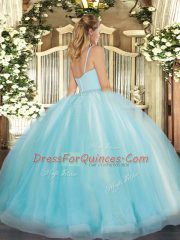 Straps Sleeveless Quinceanera Dresses Floor Length Beading Aqua Blue Tulle