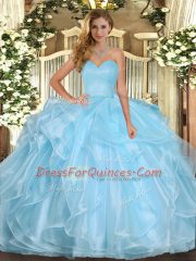 Aqua Blue Ball Gown Prom Dress Military Ball and Sweet 16 and Quinceanera with Ruffles Sweetheart Sleeveless Lace Up