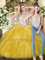 Customized Floor Length Yellow Quince Ball Gowns Organza Sleeveless Beading and Ruffles