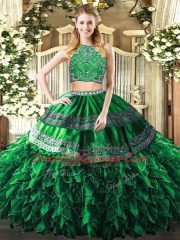 Hot Selling Tulle High-neck Sleeveless Zipper Beading and Ruffles Sweet 16 Dresses in Dark Green