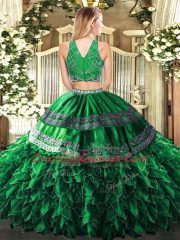 Hot Selling Tulle High-neck Sleeveless Zipper Beading and Ruffles Sweet 16 Dresses in Dark Green
