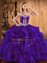 Ideal Sleeveless Floor Length Embroidery and Ruffles Lace Up Quinceanera Dress with Purple