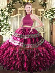 Halter Top Sleeveless Satin and Organza Sweet 16 Dresses Embroidery and Ruffles Backless