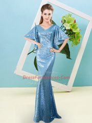 Spectacular Sequined V-neck Half Sleeves Zipper Sequins Evening Dress in Baby Blue