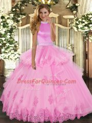 Rose Pink Ball Gowns Halter Top Sleeveless Tulle Floor Length Backless Beading and Ruffles 15 Quinceanera Dress