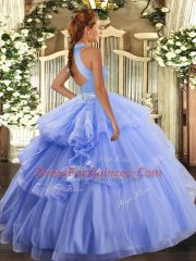Rose Pink Ball Gowns Halter Top Sleeveless Tulle Floor Length Backless Beading and Ruffles 15 Quinceanera Dress