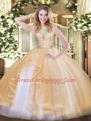 Customized Champagne Organza Backless Quinceanera Dresses Sleeveless Floor Length Lace and Ruffles