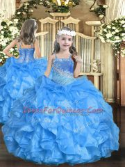 Baby Blue Sleeveless Beading and Ruffled Layers Floor Length Kids Formal Wear
