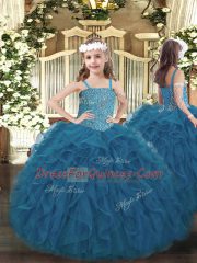 Teal Sleeveless Floor Length Beading and Ruffles Lace Up Kids Formal Wear