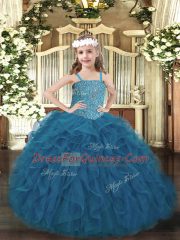 Teal Sleeveless Floor Length Beading and Ruffles Lace Up Kids Formal Wear