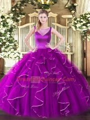 Sleeveless Floor Length Beading and Ruffles Side Zipper 15 Quinceanera Dress with Fuchsia
