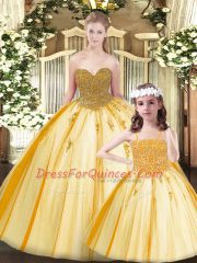 Gold Ball Gowns Sweetheart Sleeveless Tulle Floor Length Lace Up Beading 15th Birthday Dress