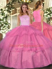 Modern Sleeveless Floor Length Lace and Ruffled Layers Clasp Handle Quinceanera Dresses with Hot Pink