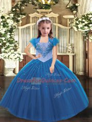 Floor Length Lace Up Kids Pageant Dress Blue for Party and Sweet 16 and Quinceanera and Wedding Party with Beading