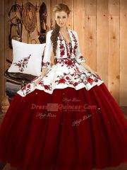 Embroidery Ball Gown Prom Dress Wine Red Lace Up Sleeveless Floor Length