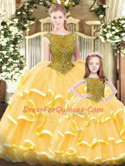 Amazing Gold Lace Up Scoop Beading and Ruffled Layers Sweet 16 Dresses Organza Sleeveless