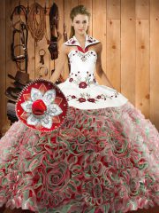 Multi-color Halter Top Neckline Embroidery Sweet 16 Quinceanera Dress Sleeveless Lace Up
