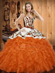 Artistic Orange Red Ball Gowns Embroidery and Ruffles 15th Birthday Dress Lace Up Organza Sleeveless Asymmetrical