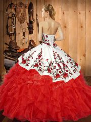 Artistic Orange Red Ball Gowns Embroidery and Ruffles 15th Birthday Dress Lace Up Organza Sleeveless Asymmetrical