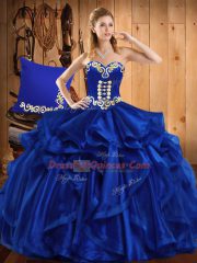 Royal Blue Quinceanera Gown Military Ball and Sweet 16 and Quinceanera with Embroidery and Ruffles Sweetheart Sleeveless Lace Up