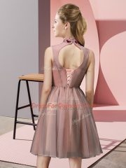 Fashion Peach Empire Appliques Damas Dress Lace Up Tulle Sleeveless Knee Length