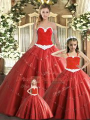 Eye-catching Red Ball Gowns Beading 15th Birthday Dress Lace Up Tulle Sleeveless Floor Length