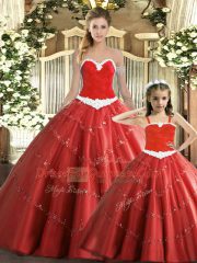 Eye-catching Red Ball Gowns Beading 15th Birthday Dress Lace Up Tulle Sleeveless Floor Length