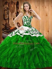 Adorable Green Lace Up Sweetheart Embroidery and Ruffles 15th Birthday Dress Satin and Organza Sleeveless