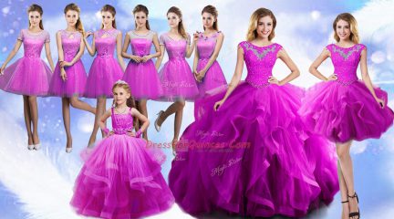 Fuchsia Lace Up Quinceanera Gown Beading and Ruffles Sleeveless Floor Length