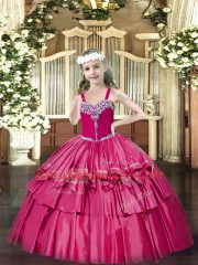 Hot Pink Ball Gowns Beading and Ruffled Layers Kids Pageant Dress Lace Up Organza Sleeveless Floor Length