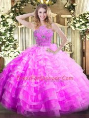 Lovely Lilac Zipper Halter Top Ruffled Layers Quinceanera Gown Organza Sleeveless