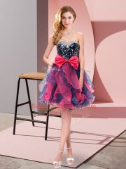 Stylish Multi-color Organza Lace Up Quinceanera Court of Honor Dress Sleeveless Mini Length Beading and Ruffles and Bowknot