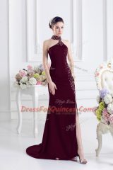 Lace Up Dress for Prom Burgundy for Prom and Party with Beading Sweep Train