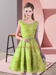 Exceptional Knee Length Yellow Green Prom Dress Lace Sleeveless Belt