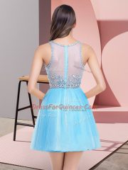 Sleeveless Tulle Mini Length Zipper Prom Party Dress in Baby Blue with Beading