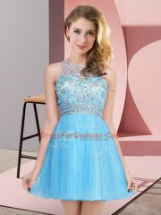 Sleeveless Tulle Mini Length Zipper Prom Party Dress in Baby Blue with Beading