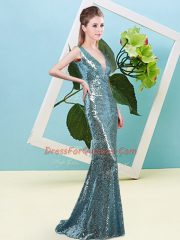 Mermaid Dress for Prom Teal V-neck Sequined Sleeveless Floor Length Zipper