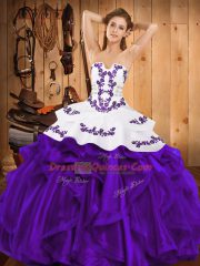 Admirable Purple Ball Gowns Embroidery and Ruffles Quinceanera Gown Lace Up Satin and Organza Sleeveless Floor Length