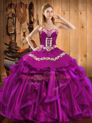 Sweetheart Sleeveless Satin and Organza Quinceanera Dress Embroidery and Ruffles Lace Up