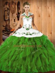 Amazing Olive Green Satin and Organza Lace Up Halter Top Sleeveless Floor Length Quinceanera Dress Embroidery and Ruffles